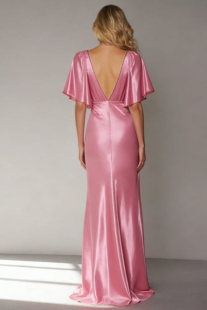 Elegant Flutter Sleeve Deep V Neck Backless Satin Mermaid Prom Dress