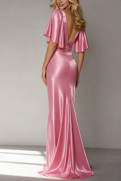 Elegant Flutter Sleeve Deep V Neck Backless Satin Mermaid Prom Dress