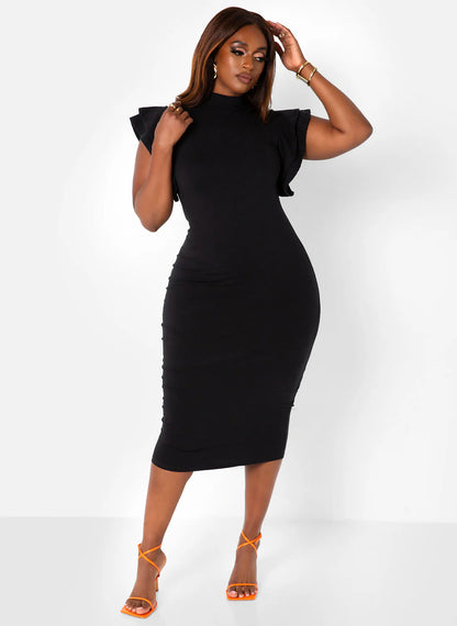Elegant High Neck Ruffle Sleeve Stretchy Jersey Bodycon Midi Evening Dress