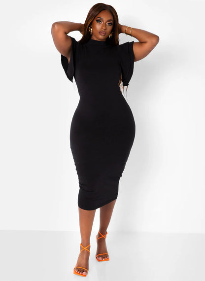 Elegant High Neck Ruffle Sleeve Stretchy Jersey Bodycon Midi Evening Dress