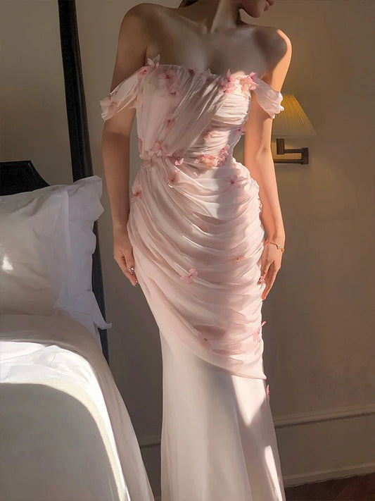 Elegant Off Shoulder Ruched Tulle 3D Floral Applique Mermaid Maxi Prom Dress