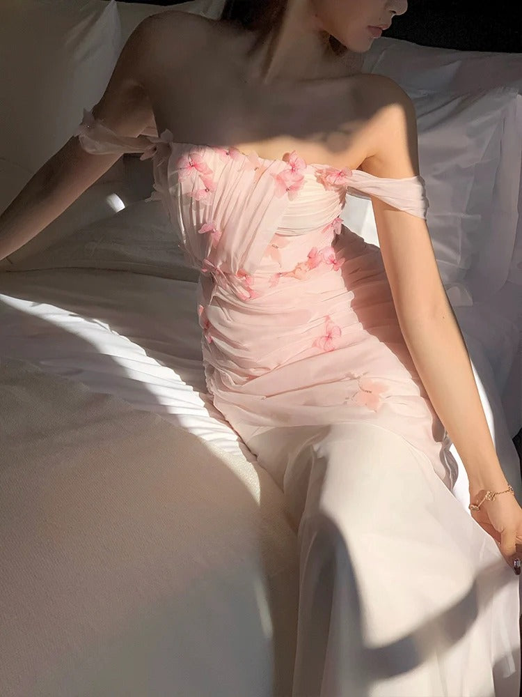 Elegant Off Shoulder Ruched Tulle 3D Floral Applique Mermaid Maxi Prom Dress