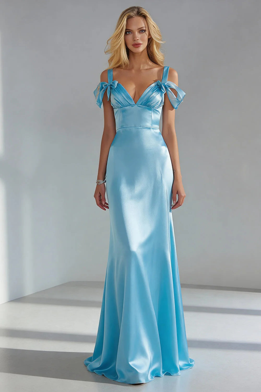 Elegant Off The Shoulder Bow Strap Deep V Neck Satin Mermaid Backless Prom Dress