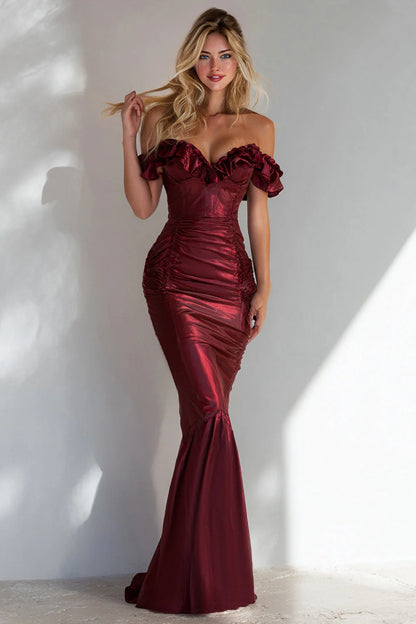 Elegant Off The Shoulder Ruffle Trim Ruched Metallic Satin Mermaid Prom Dress