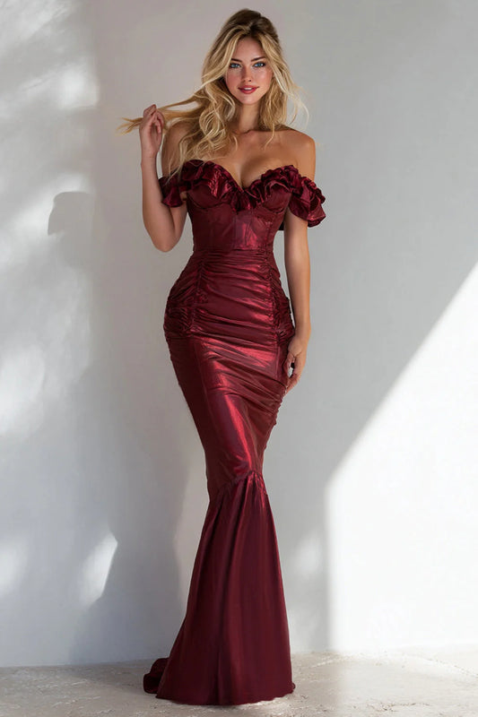 Elegant Off The Shoulder Ruffle Trim Ruched Metallic Satin Mermaid Prom Dress