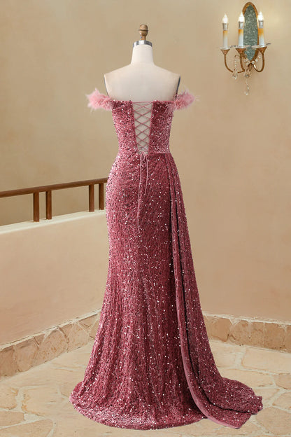 Elegant off the shoulder sequin mermaid feather sweet slim fit ball dress
