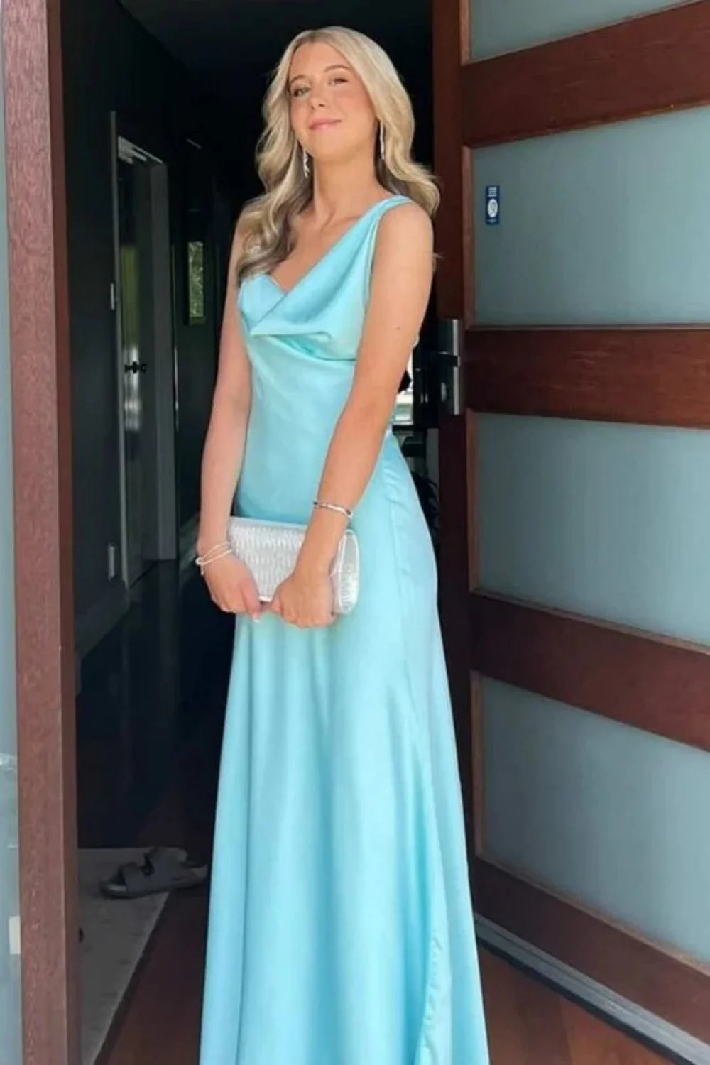 Elegant One Shoulder Cowl Neck Satin Backless Tie Maxi Prom Dress