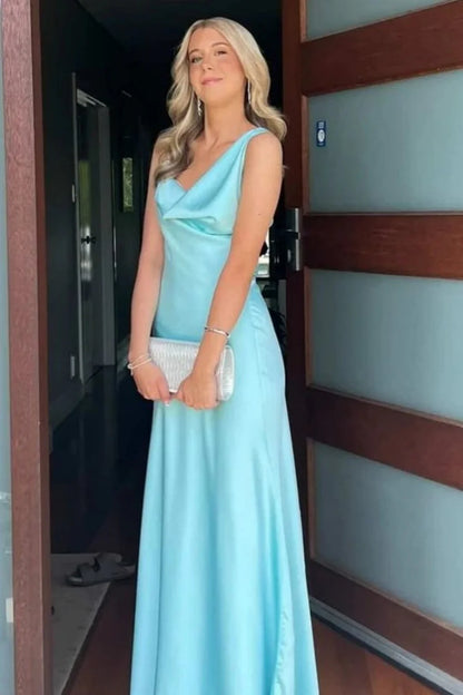 Elegant One Shoulder Cowl Neck Satin Backless Tie Maxi Prom Dress