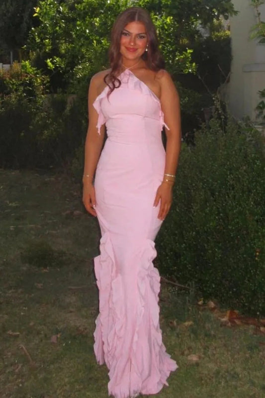 Elegant One Shoulder Ruffle Trim Mermaid Maxi Prom Dress