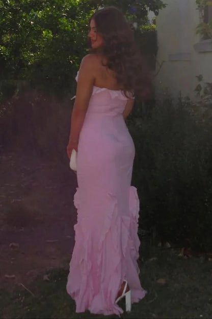 Elegant One Shoulder Ruffle Trim Mermaid Maxi Prom Dress