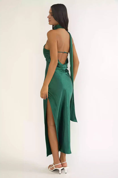 Elegant Partial Lining Asymmetric Collar Scarf Details Side Split Side Zipper Bridesmaid Dresses