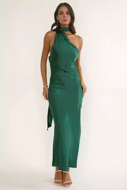 Elegant Partial Lining Asymmetric Collar Scarf Details Side Split Side Zipper Bridesmaid Dresses