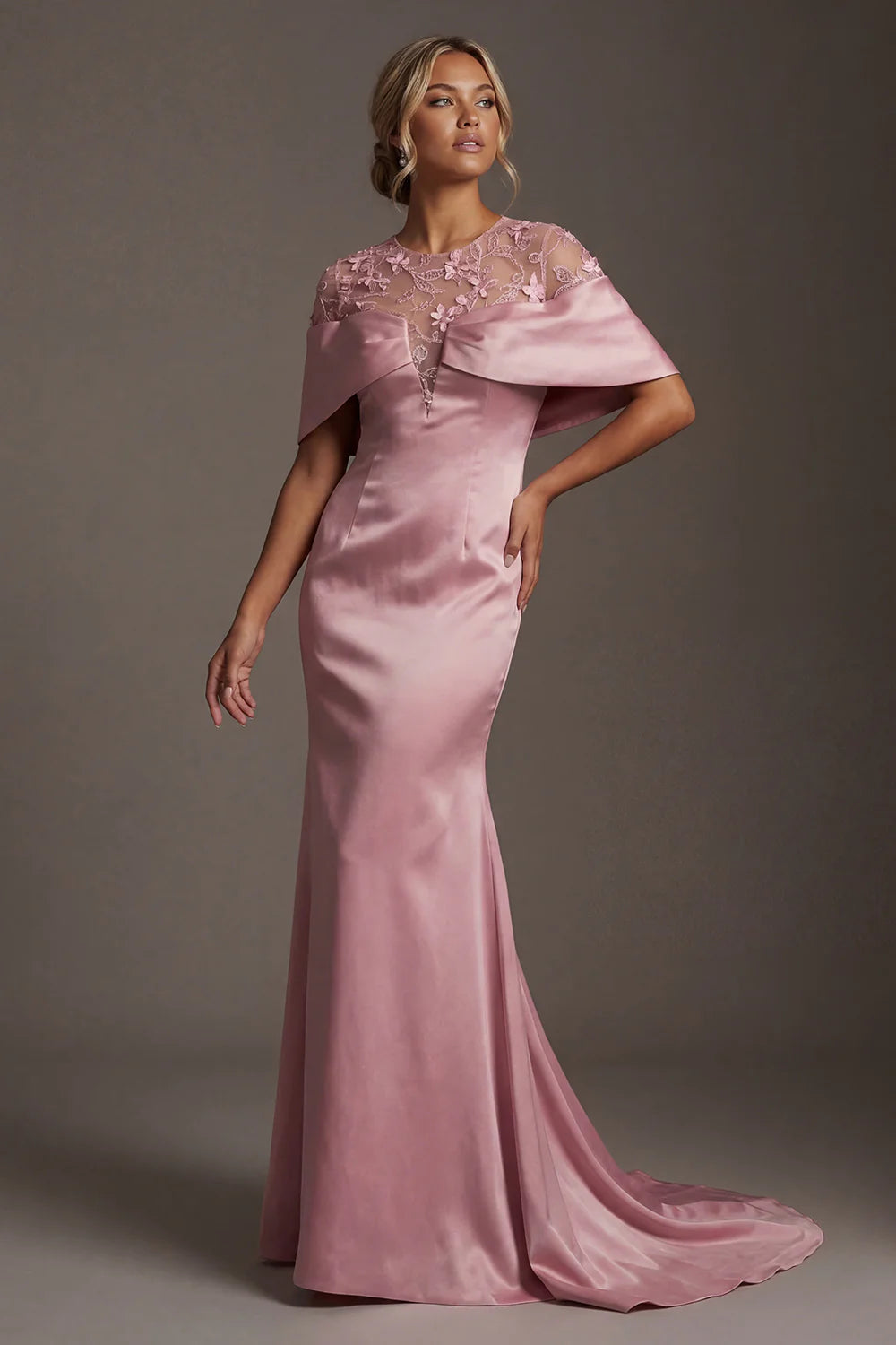 Elegant Sheer Lace Bodice Dusty Pink Satin Mermaid Gown with Capelet Sleeves and Keyhole Back Prom Dress
