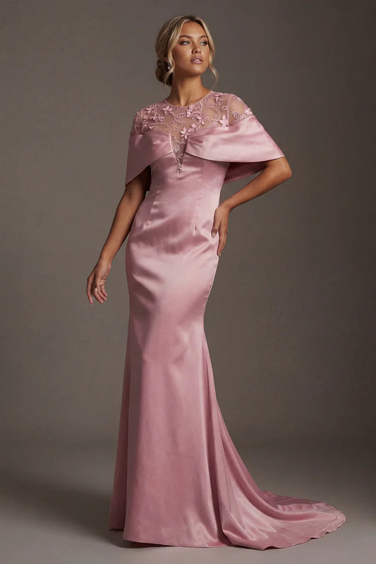 Elegant Sheer Lace Bodice Dusty Pink Satin Mermaid Gown with Capelet Sleeves and Keyhole Back Prom Dress