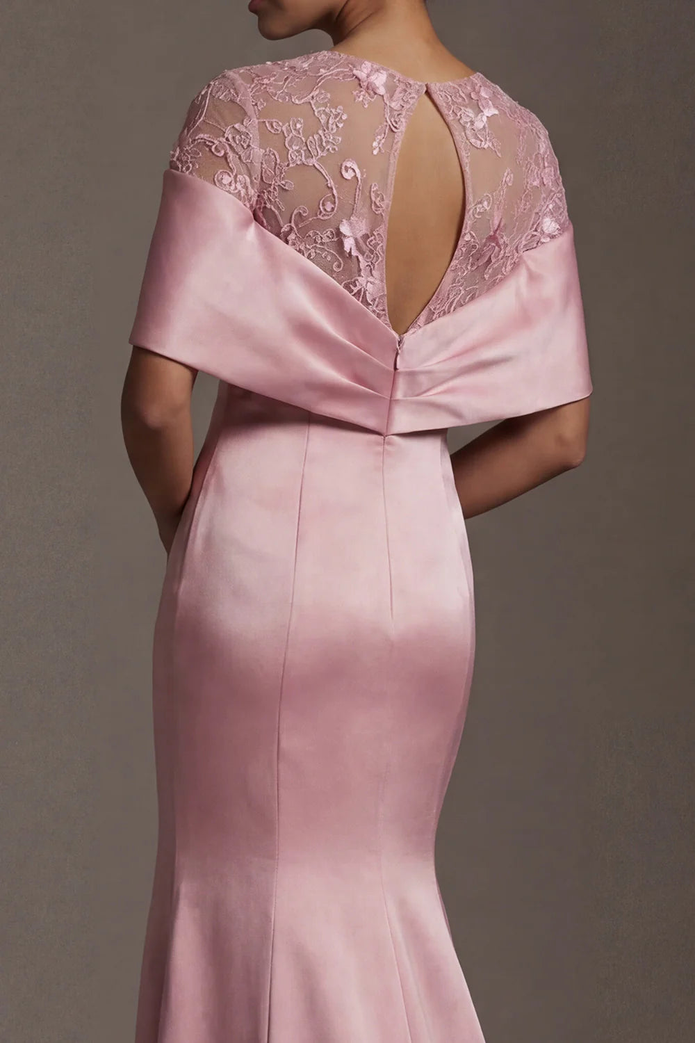 Elegant Sheer Lace Bodice Dusty Pink Satin Mermaid Gown with Capelet Sleeves and Keyhole Back Prom Dress