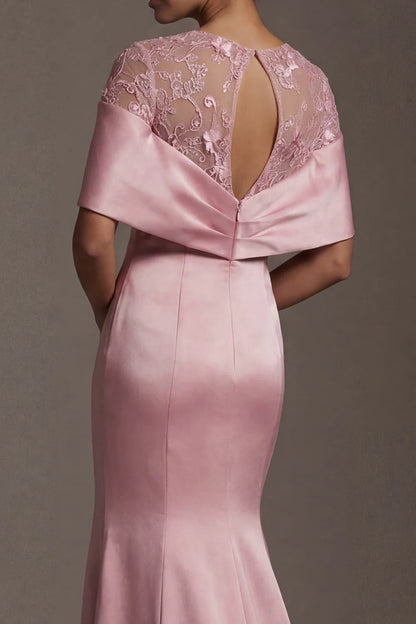 Elegant Sheer Lace Bodice Dusty Pink Satin Mermaid Gown with Capelet Sleeves and Keyhole Back Prom Dress