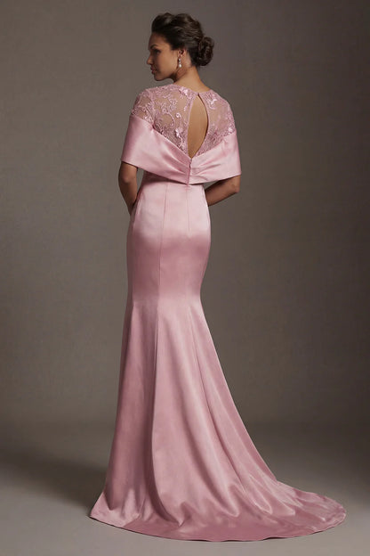 Elegant Sheer Lace Bodice Dusty Pink Satin Mermaid Gown with Capelet Sleeves and Keyhole Back Prom Dress