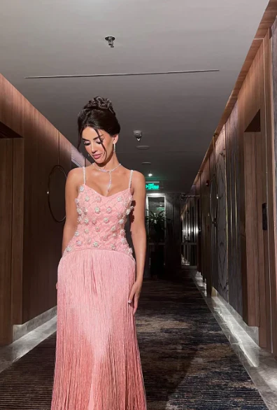 Elegant Spaghetti Strap 3D Floral Beaded Fringe Maxi Evening Dress