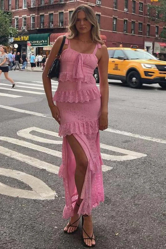 Elegant Spaghetti Strap Bow Detail Tiered Ruffle Lace High Slit Maxi Prom Dress