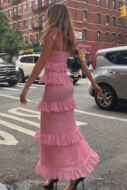 Elegant Spaghetti Strap Bow Detail Tiered Ruffle Lace High Slit Maxi Prom Dress