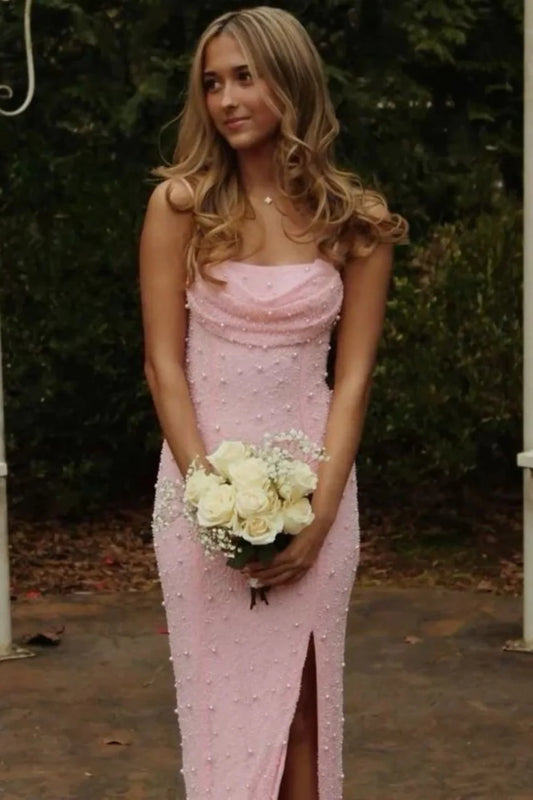 Elegant Spaghetti Strap Cowl Neck Beaded High Slit Maxi Prom Dress