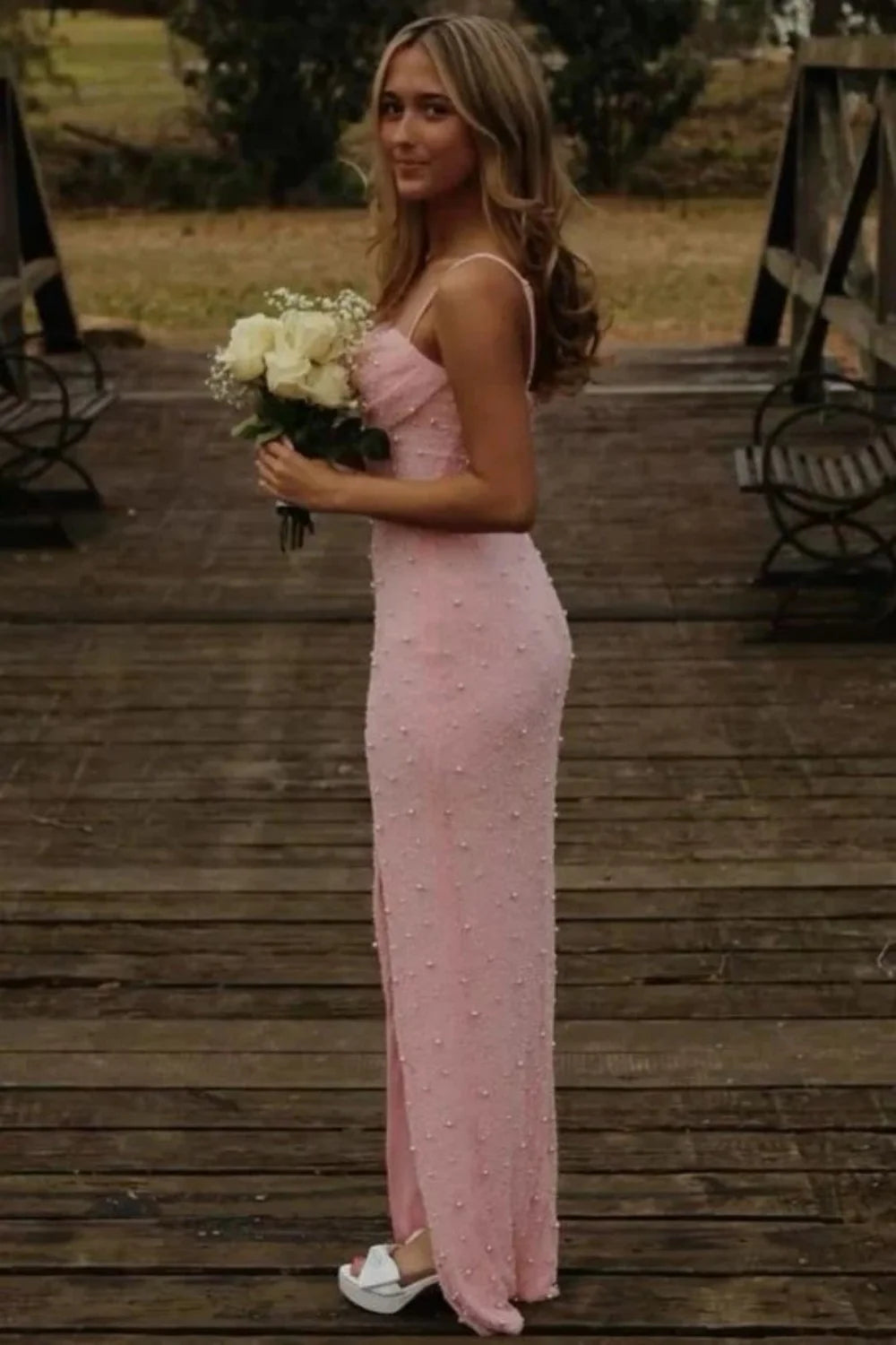 Elegant Spaghetti Strap Cowl Neck Beaded High Slit Maxi Prom Dress