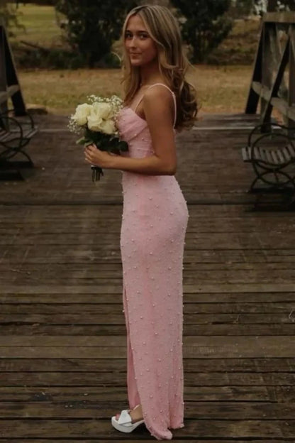 Elegant Spaghetti Strap Cowl Neck Beaded High Slit Maxi Prom Dress