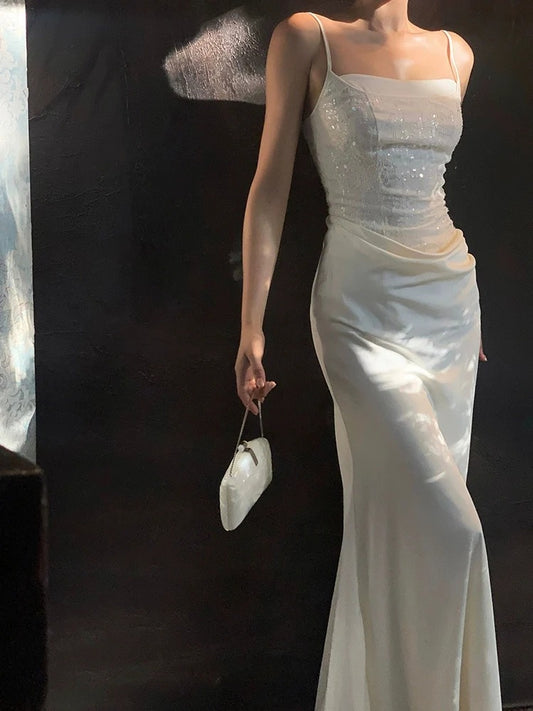 Elegant Spaghetti Strap Square Neck Sequin Embellished Draped Satin Mermaid Maxi Prom Dress