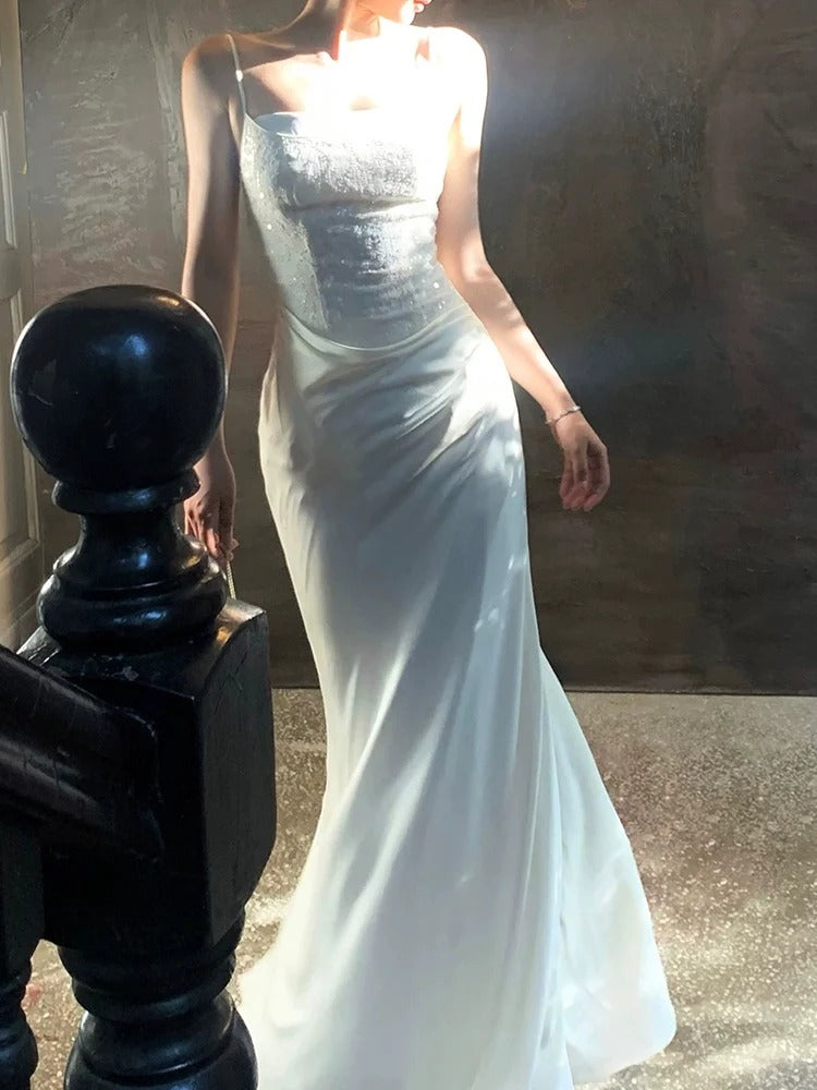 Elegant Spaghetti Strap Square Neck Sequin Embellished Draped Satin Mermaid Maxi Prom Dress