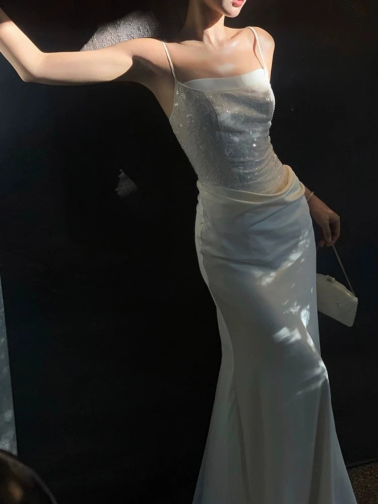 Elegant Spaghetti Strap Square Neck Sequin Embellished Draped Satin Mermaid Maxi Prom Dress