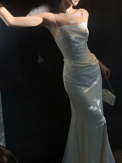 Elegant Spaghetti Strap Square Neck Sequin Embellished Draped Satin Mermaid Maxi Prom Dress