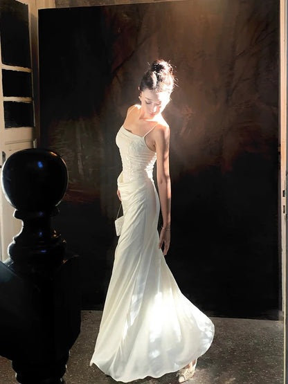 Elegant Spaghetti Strap Square Neck Sequin Embellished Draped Satin Mermaid Maxi Prom Dress