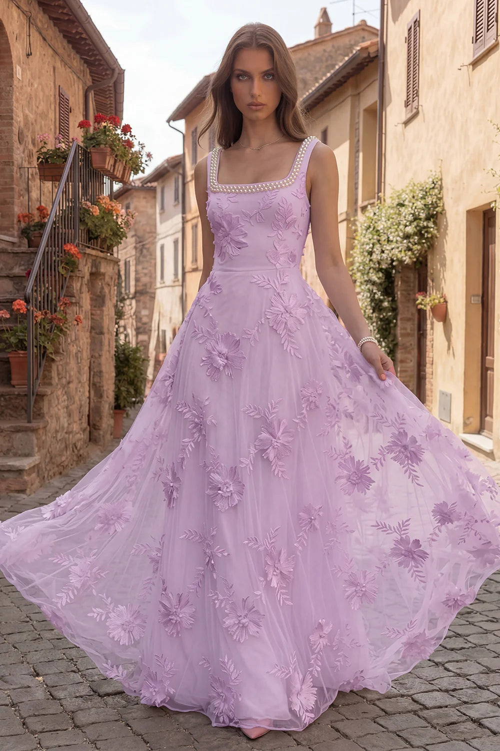 Elegant Square Neck Pearl Trim 3D Floral Applique Backless A-Line Tulle Maxi Prom Dress