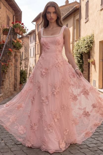 Elegant Square Neck Pearl Trim 3D Floral Applique Backless A-Line Tulle Maxi Prom Dress