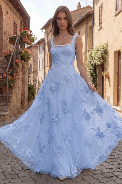 Elegant Square Neck Pearl Trim 3D Floral Applique Backless A-Line Tulle Maxi Prom Dress