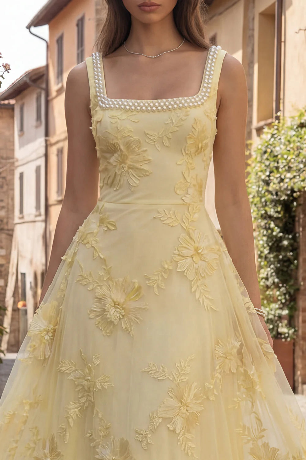 Elegant Square Neck Pearl Trim 3D Floral Applique Backless A-Line Tulle Maxi Prom Dress