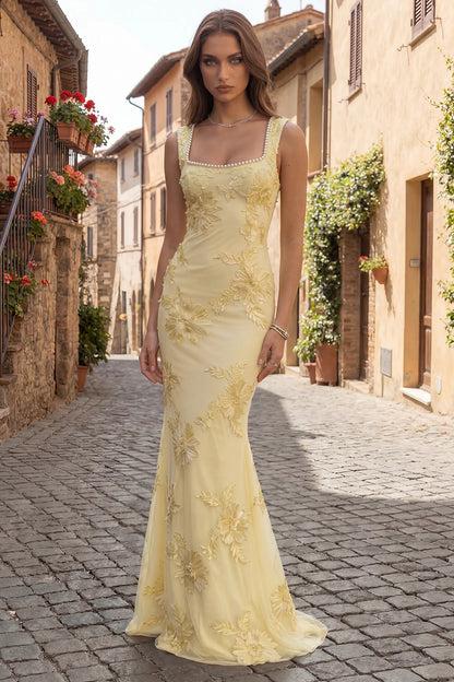 Elegant Square Neck Pearl Trim 3D Floral Applique Backless Mermaid Maxi Prom Dress