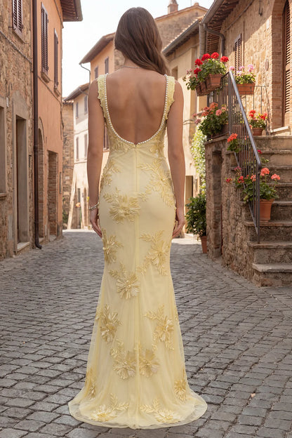 Elegant Square Neck Pearl Trim 3D Floral Applique Backless Mermaid Maxi Prom Dress
