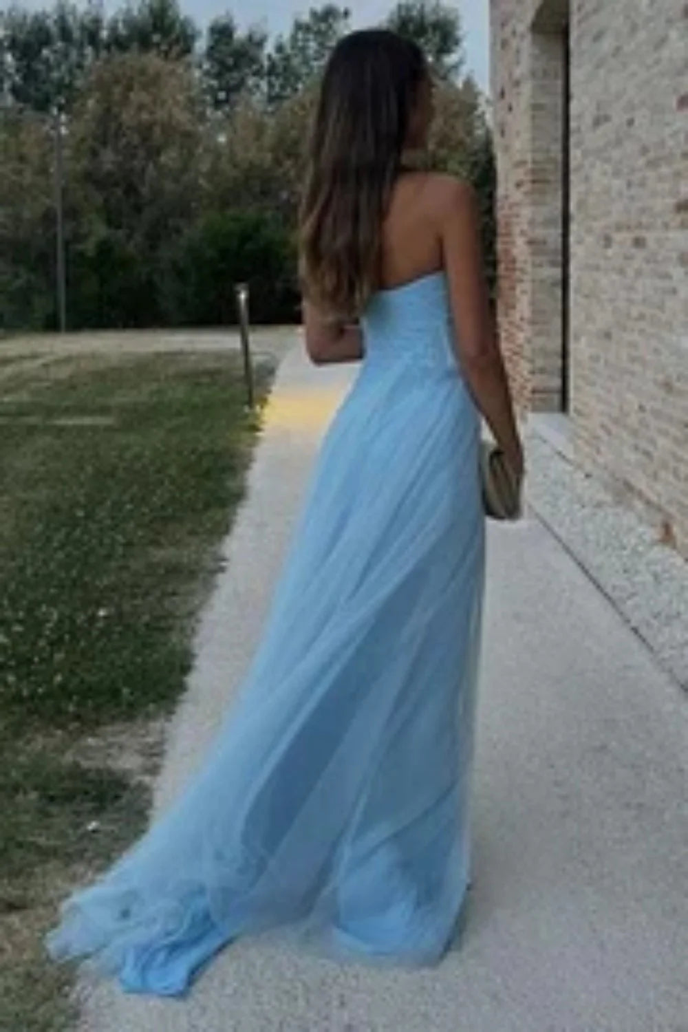 Elegant Strapless Sweetheart Neck Ruched Tulle High Slit Maxi Prom Dress with Train