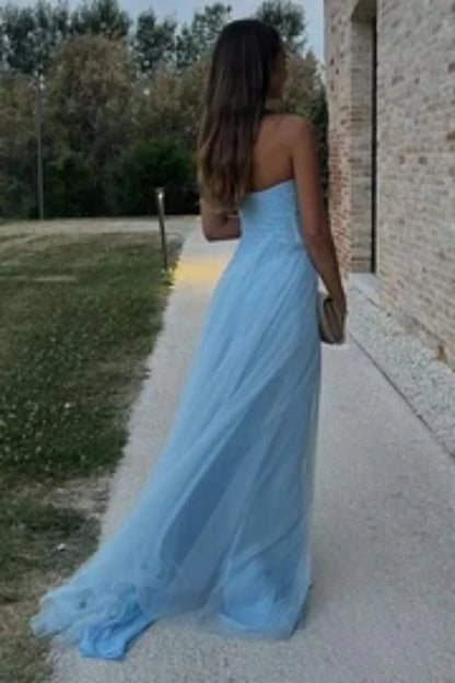 Elegant Strapless Sweetheart Neck Ruched Tulle High Slit Maxi Prom Dress with Train