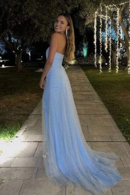 Elegant Strapless Sweetheart Neck Ruched Tulle High Slit Maxi Prom Dress with Train