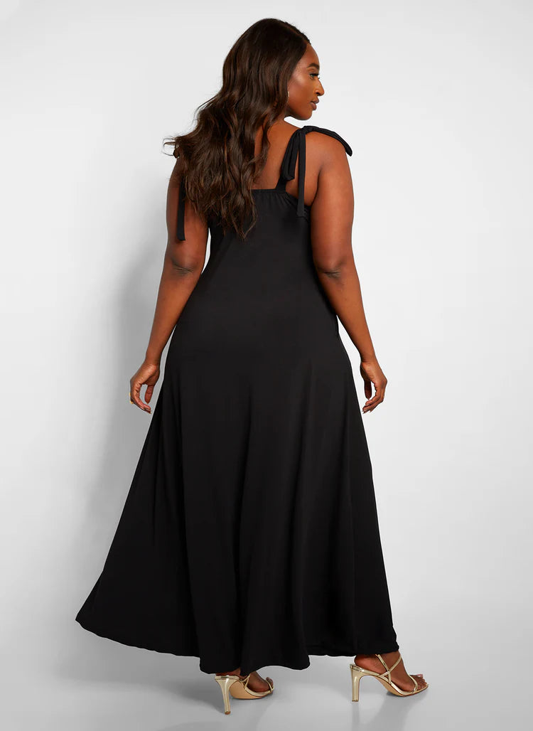Elegant Tie Shoulder Deep V Neck Flowy Jersey Maxi Evening Dress
