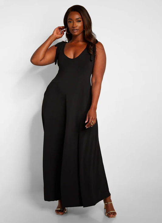Elegant Tie Shoulder Deep V Neck Flowy Jersey Maxi Evening Dress