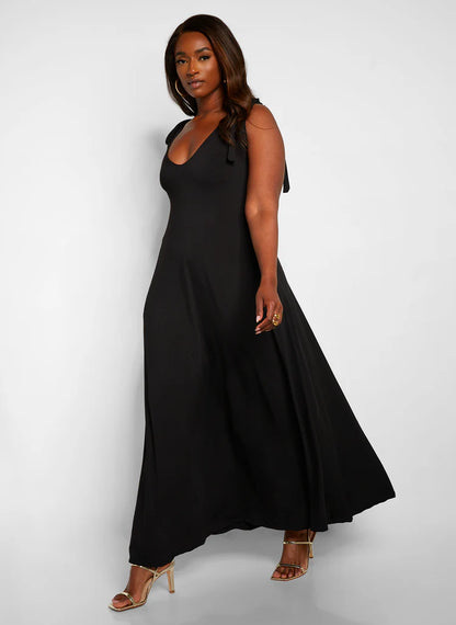 Elegant Tie Shoulder Deep V Neck Flowy Jersey Maxi Evening Dress