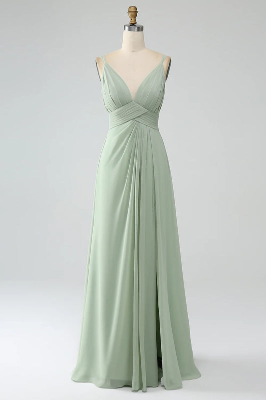 Elegant V-neck A-line slim shoulder strap pleated chiffon bridesmaid dress