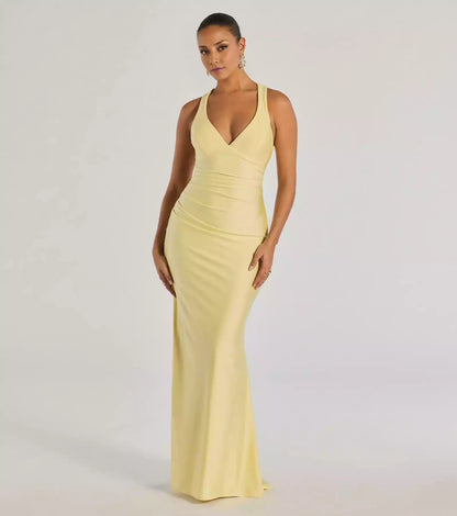 Elegant V-neck camisole shoulder strap with exposed back, cross straps, pleats, thigh side slits, Prom Dresses