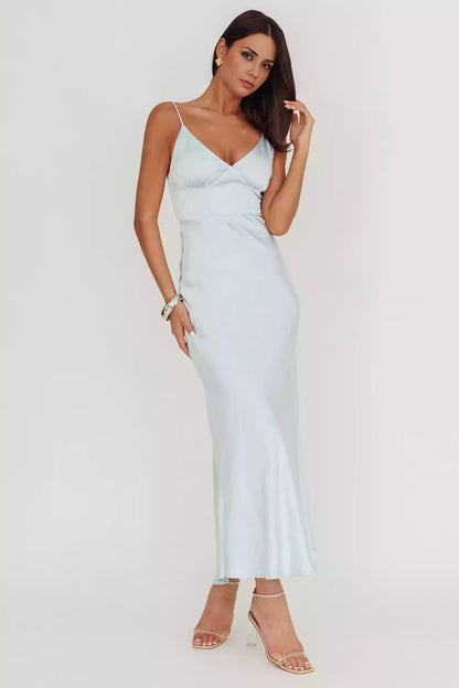 Elegant V-neck satin, extra long adjustable thin shoulder strap, invisible back zipper Bridesmaid Dresses