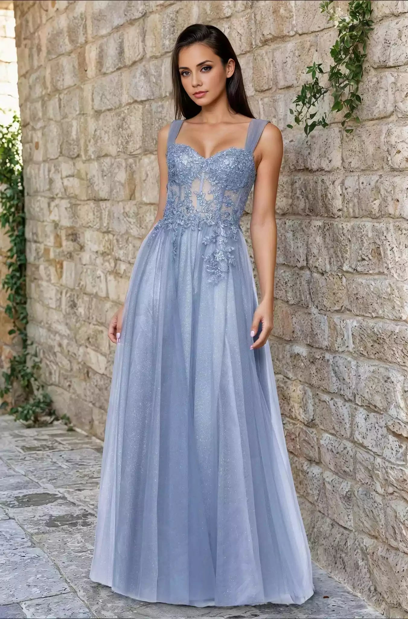 Elegant and beautiful long sparkling chiffon A-line transparent tight corset with heart-shaped neckline sequined lace embroidery Prom Dresses