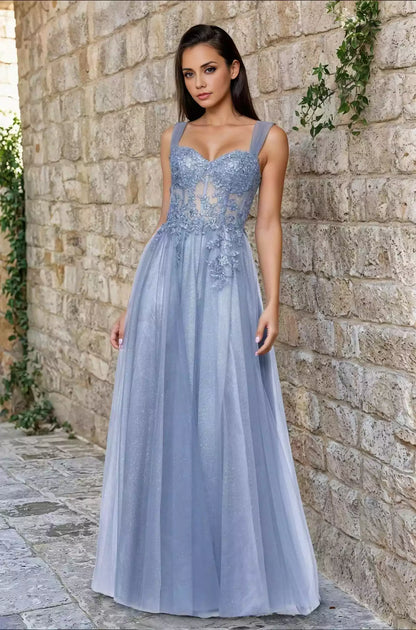 Elegant and beautiful long sparkling chiffon A-line transparent tight corset with heart-shaped neckline sequined lace embroidery Prom Dresses