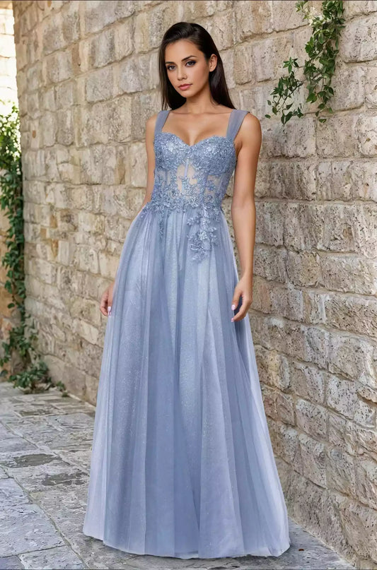 Elegant and beautiful long sparkling chiffon A-line transparent tight corset with heart-shaped neckline sequined lace embroidery Prom Dresses